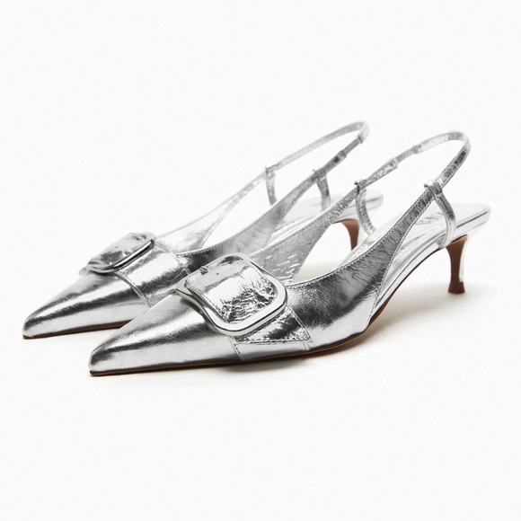 Zara slingback leather kitten heel shoes Silver NWT - Picture 4 of 11